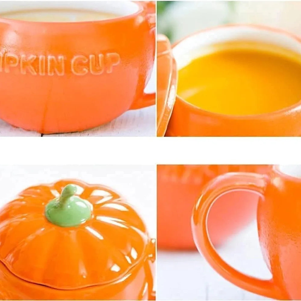 High Temperature Resistant Versatile Halloween Pumpkin Ceramic Coffee Cup/Bowl with Lid and Spoon