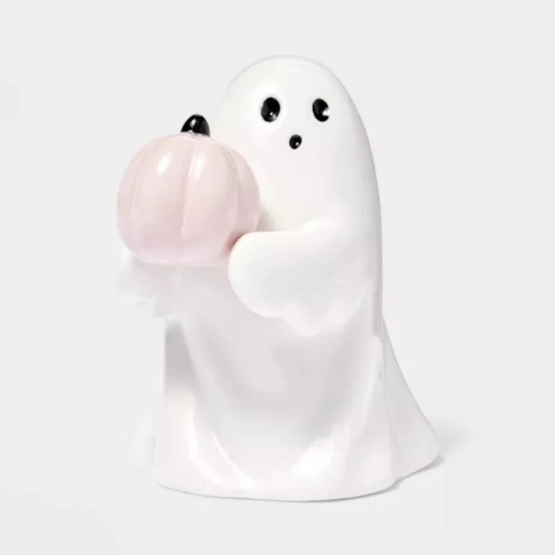Ceramic Halloween Ghost Holding Pink Pumpkin or Bat Resin Statue