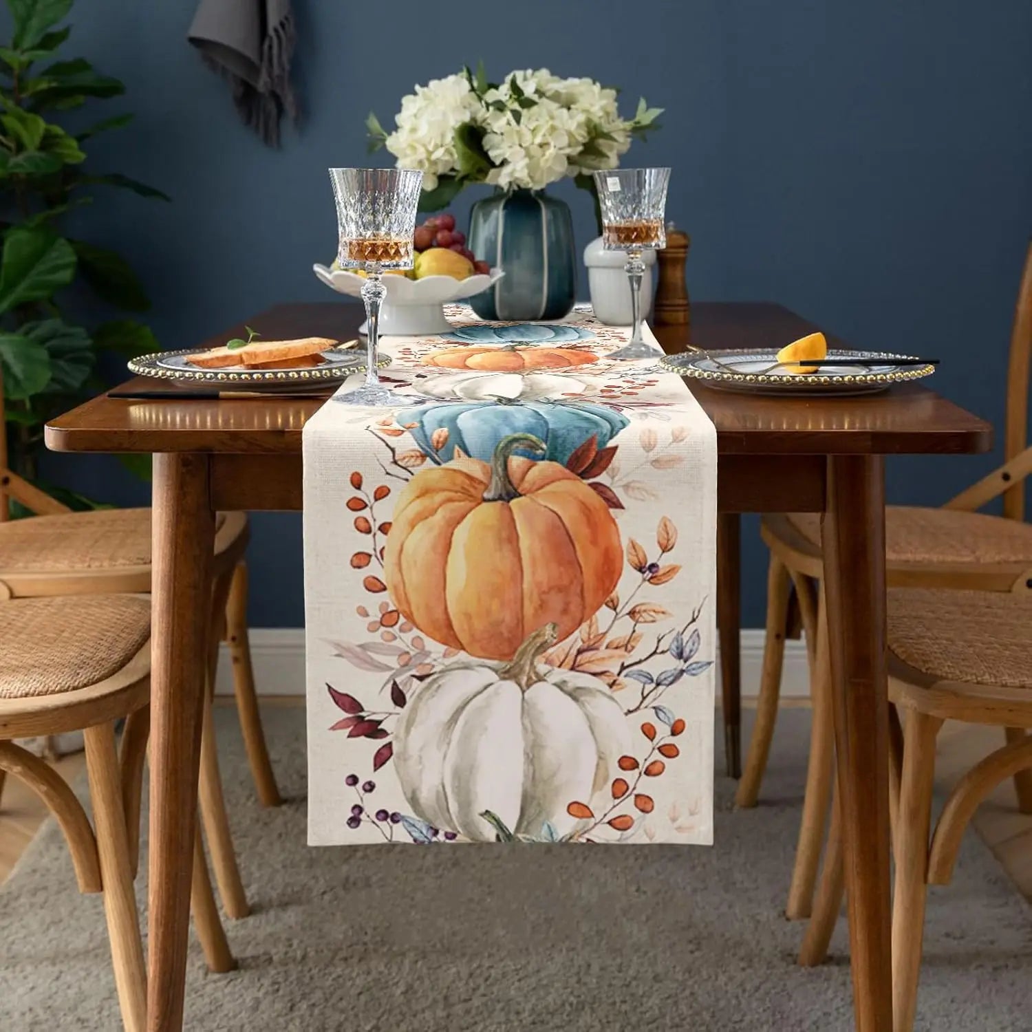 Linen Table Runner Colorful Pumpkins with Eucalyptus Leaves