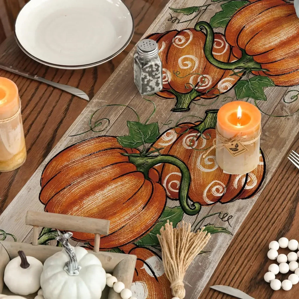 Linen Autumn Polka Dot Pumpkins Vine Table Runner