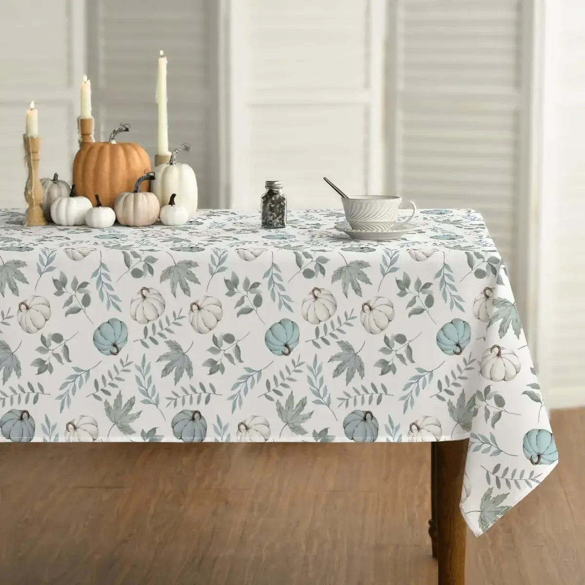 Thanksgiving/Autumn Harvest Blue Pumpkins and Leaves Waterproof Tablecloth