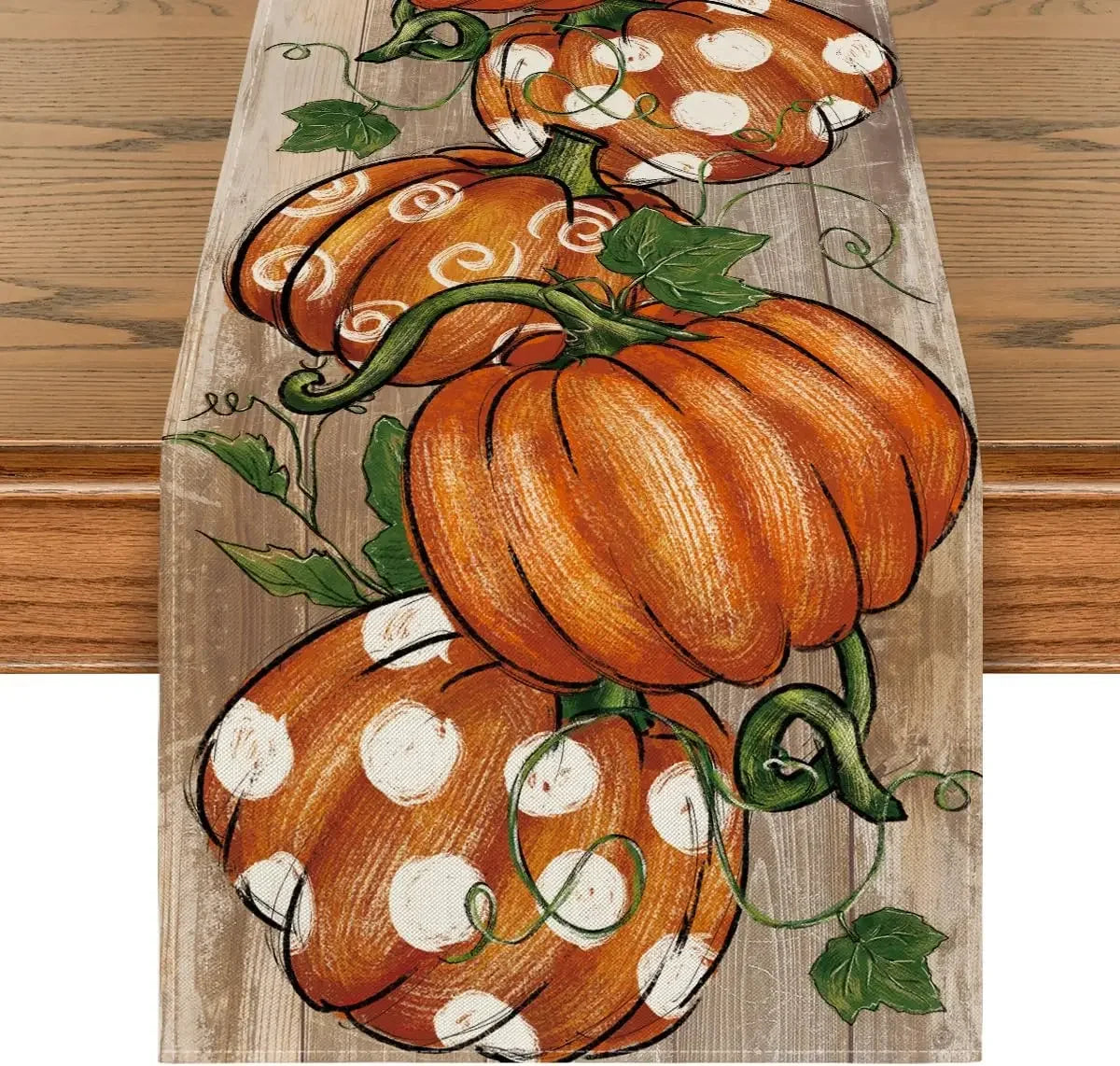 Linen Autumn Polka Dot Pumpkins Vine Table Runner