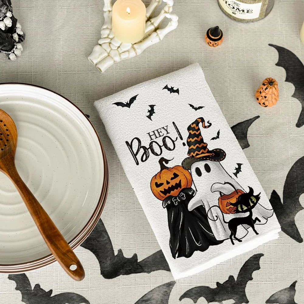 2 Piece Halloween Festival Ghost, Pumpkins, Bats, and Cat Kitchen Dish Towels