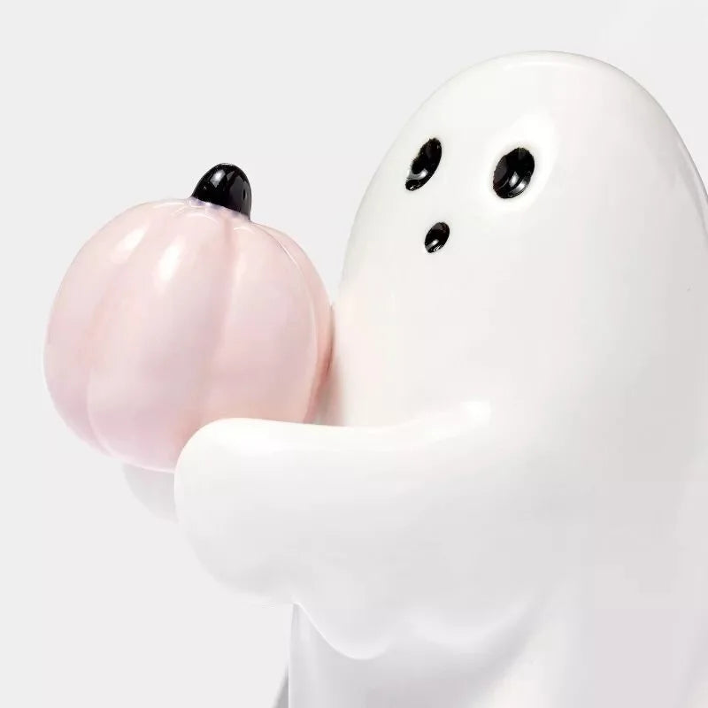 Ceramic Halloween Ghost Holding Pink Pumpkin or Bat Resin Statue