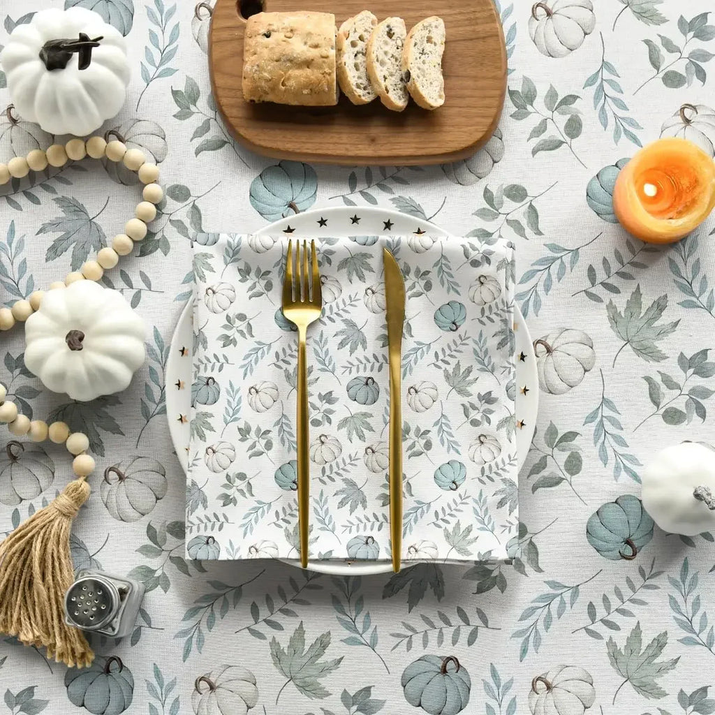 Thanksgiving/Autumn Harvest Blue Pumpkins and Leaves Waterproof Tablecloth