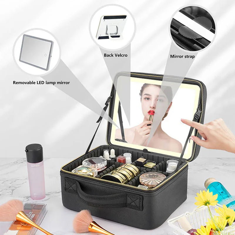 Large Capacity Smart LED Cosmetic Case With Mirror Travel Makeup Bag