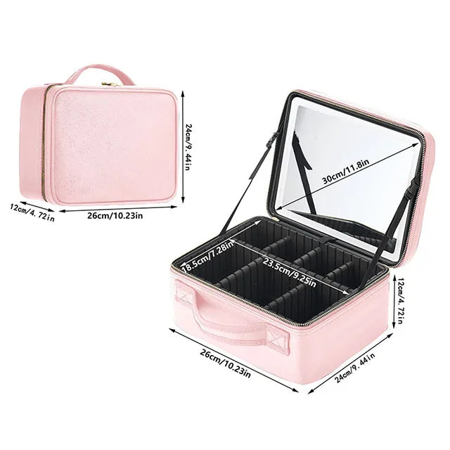 Large Capacity Smart LED Cosmetic Case With Mirror Travel Makeup Bag