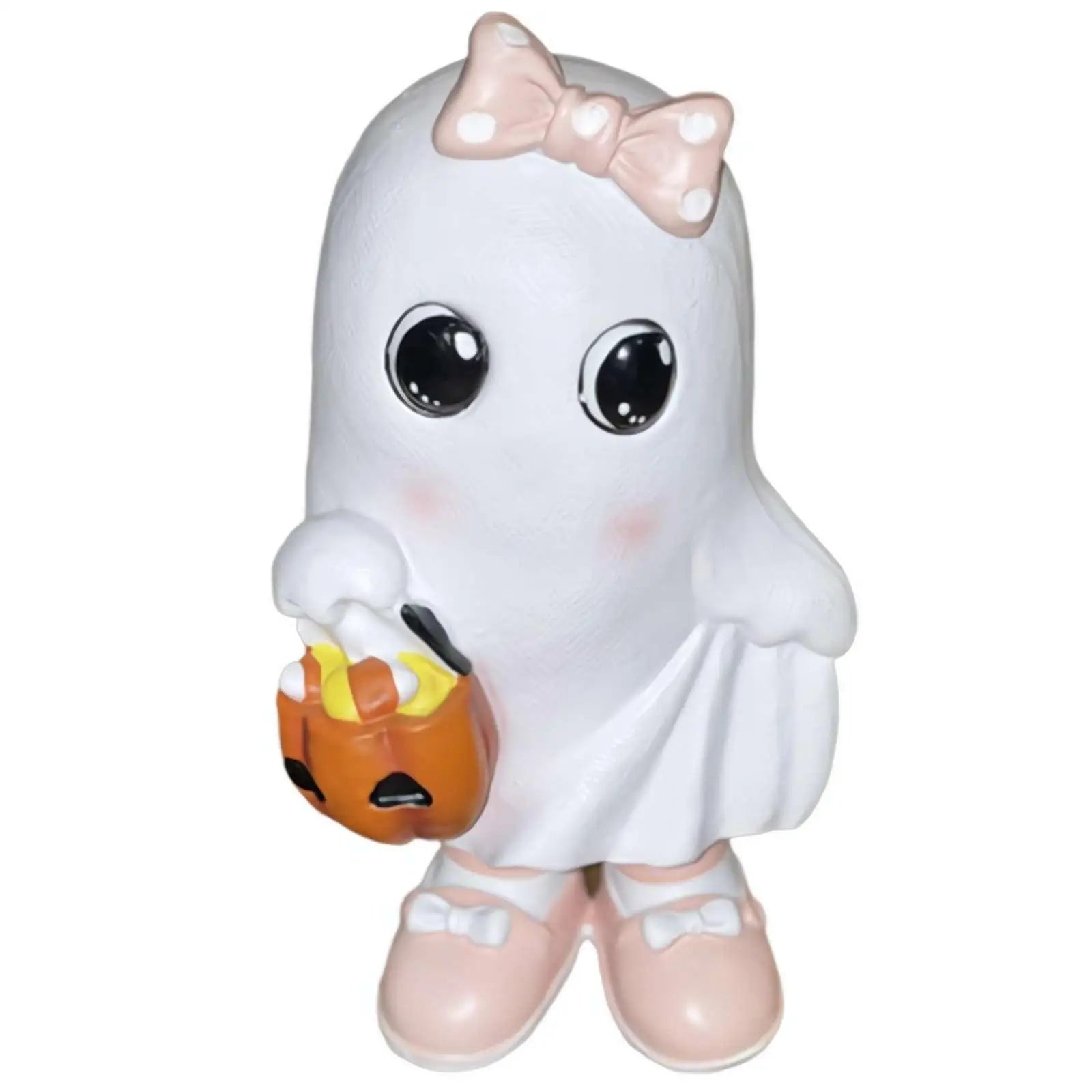 Ceramic Halloween Ghost Holding Pink Pumpkin or Bat Resin Statue