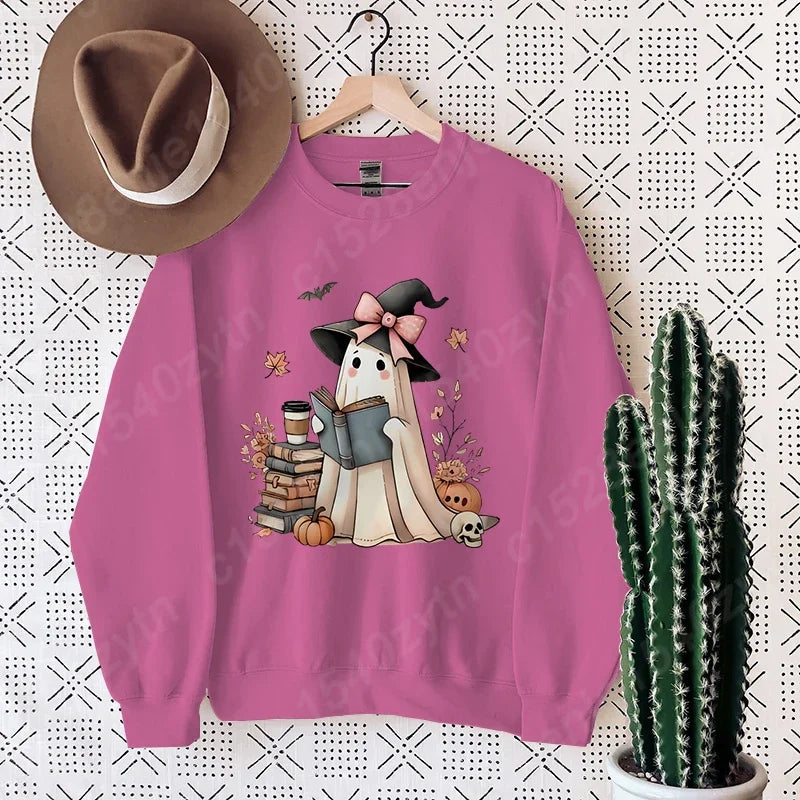 Halloween Ghost Oversized Crew Neck Sweatshirt with Book & Pumpkins