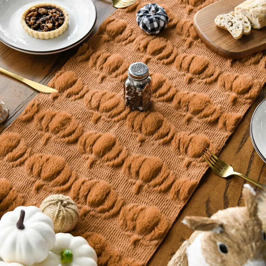 Soft Plush Faux Fur Jacquard Pumpkins Fall Table Runner