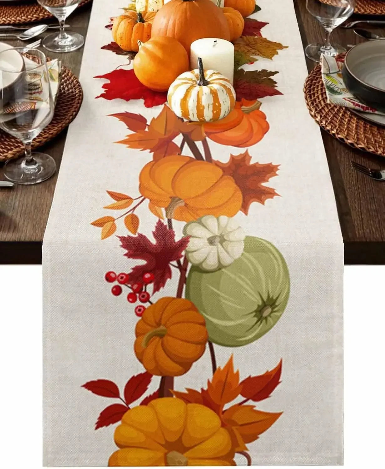 Linen Thanksgiving Pumpkins Maple Leaves Table Runner