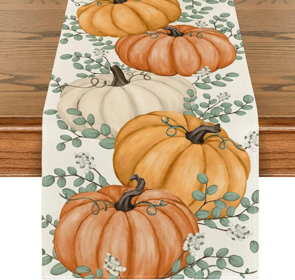 Linen Autumn Polka Dot Pumpkins Vine Table Runner