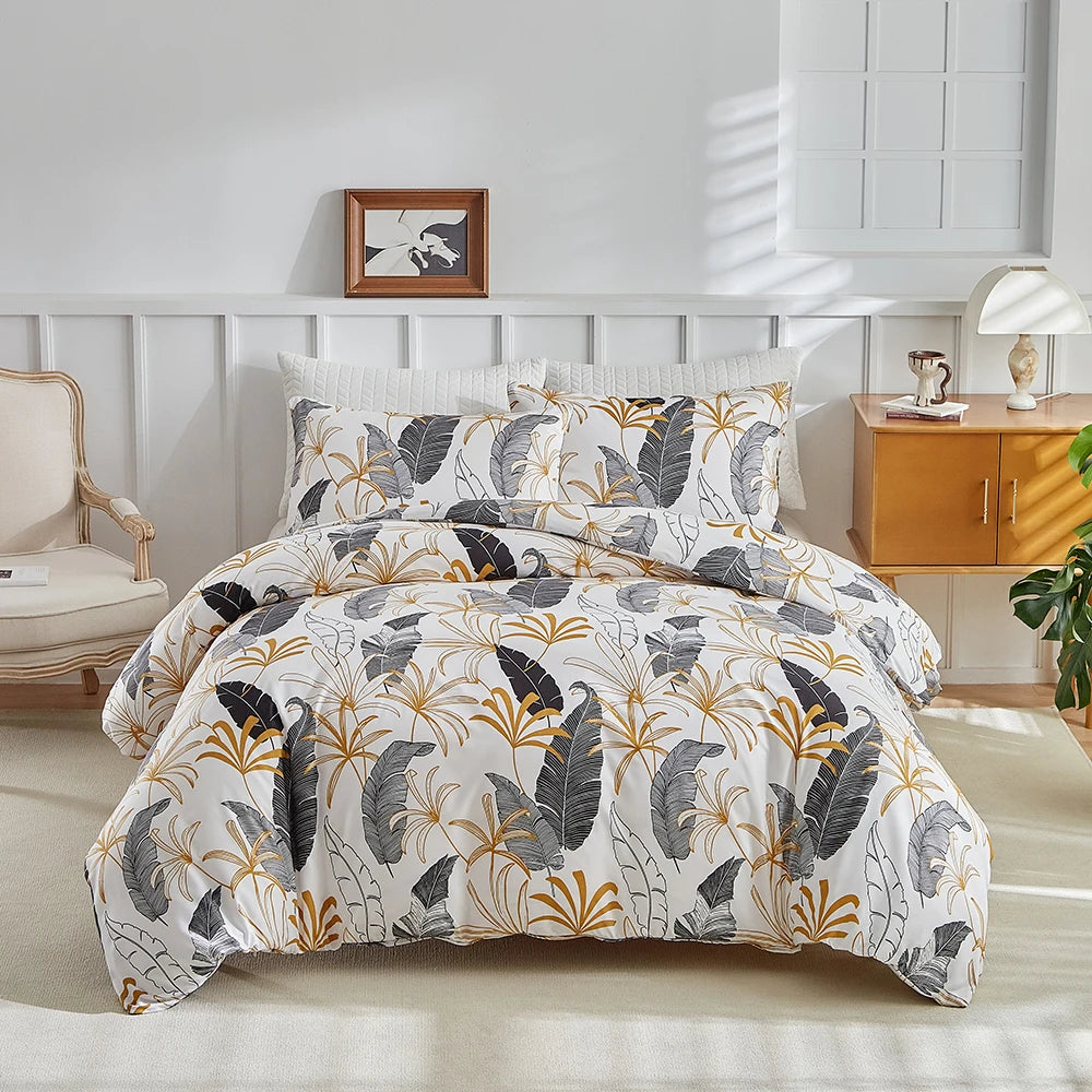 3Piece Leaf and Feather Pattern Bedding Duvet