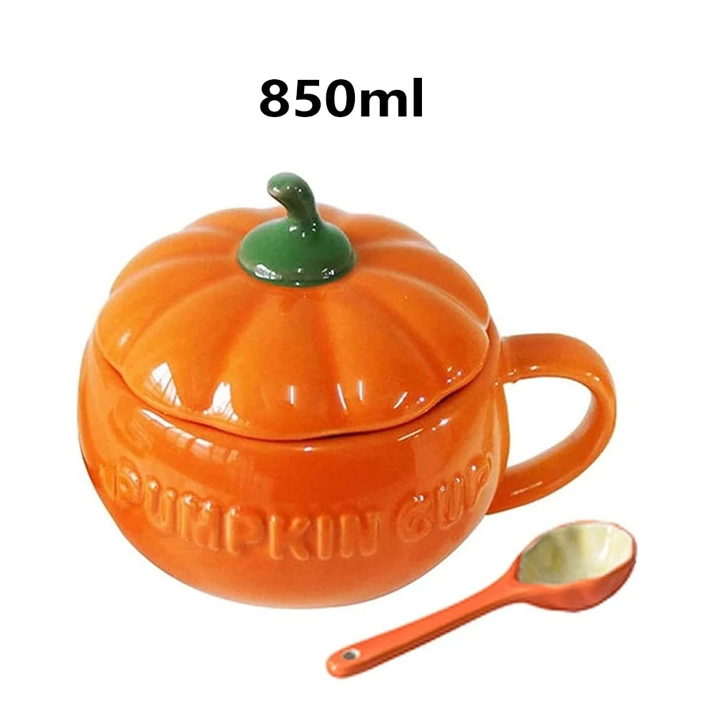 High Temperature Resistant Versatile Halloween Pumpkin Ceramic Coffee Cup/Bowl with Lid and Spoon