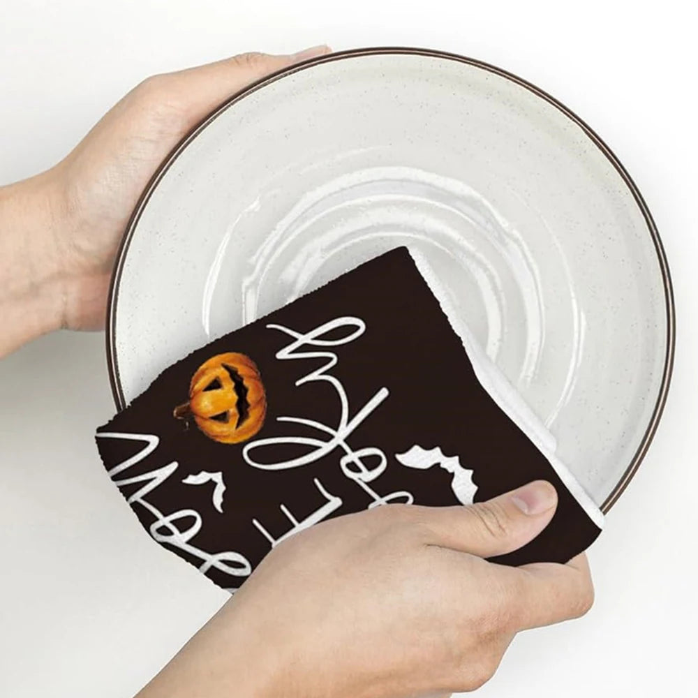 2 Piece Halloween Festival Ghost, Pumpkins, Bats, and Cat Kitchen Dish Towels