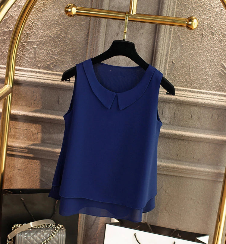 New Sleeveless Peter Pan Collar Chiffon Blouse S-5XL
