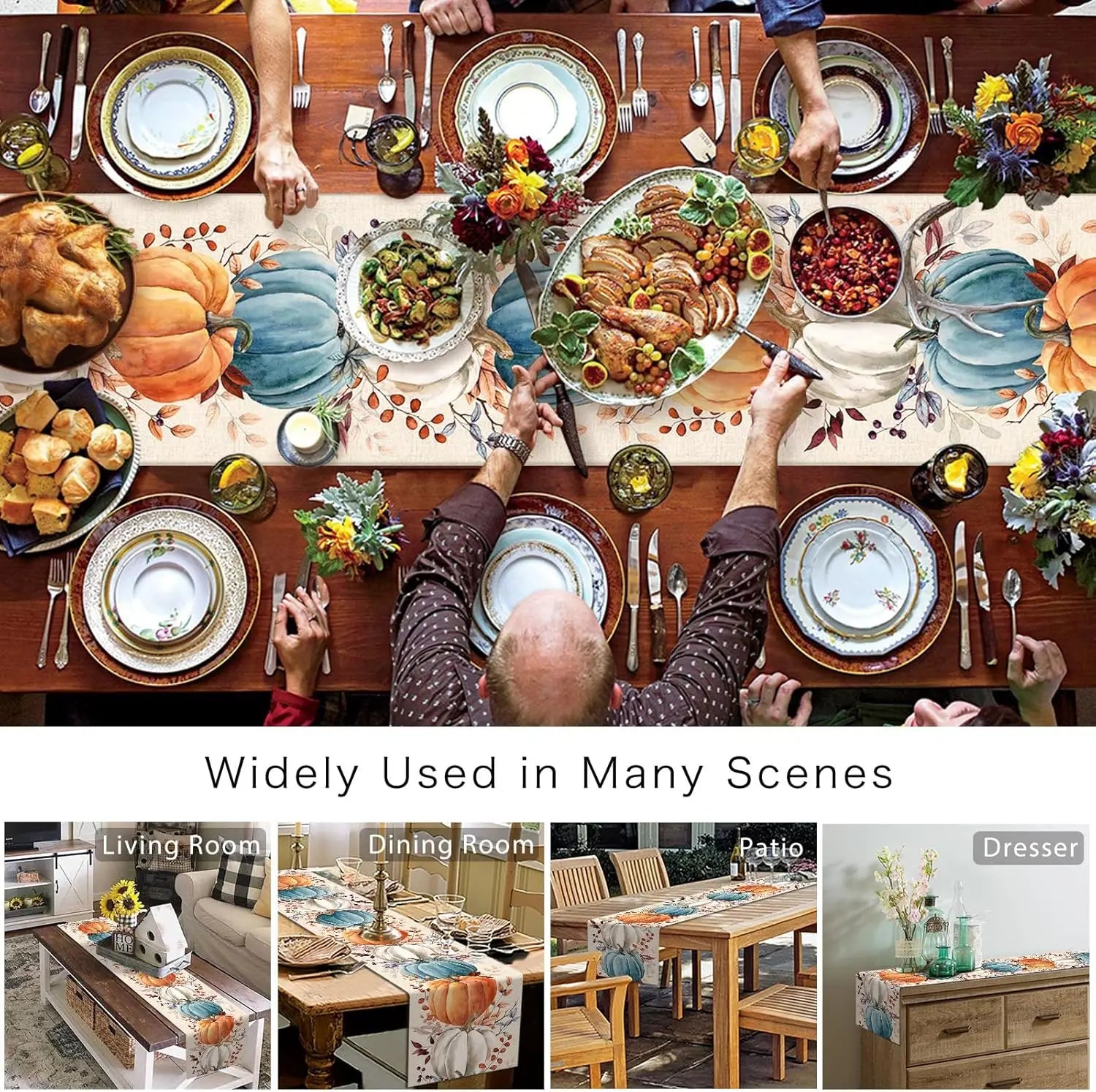 Linen Table Runner Colorful Pumpkins with Eucalyptus Leaves