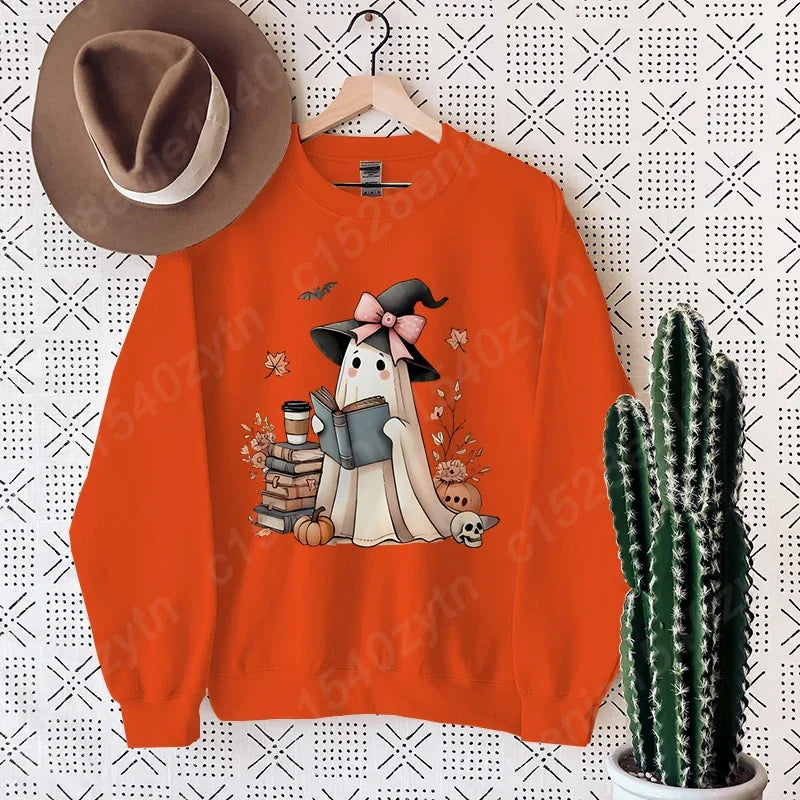 Halloween Ghost Oversized Crew Neck Sweatshirt with Book & Pumpkins