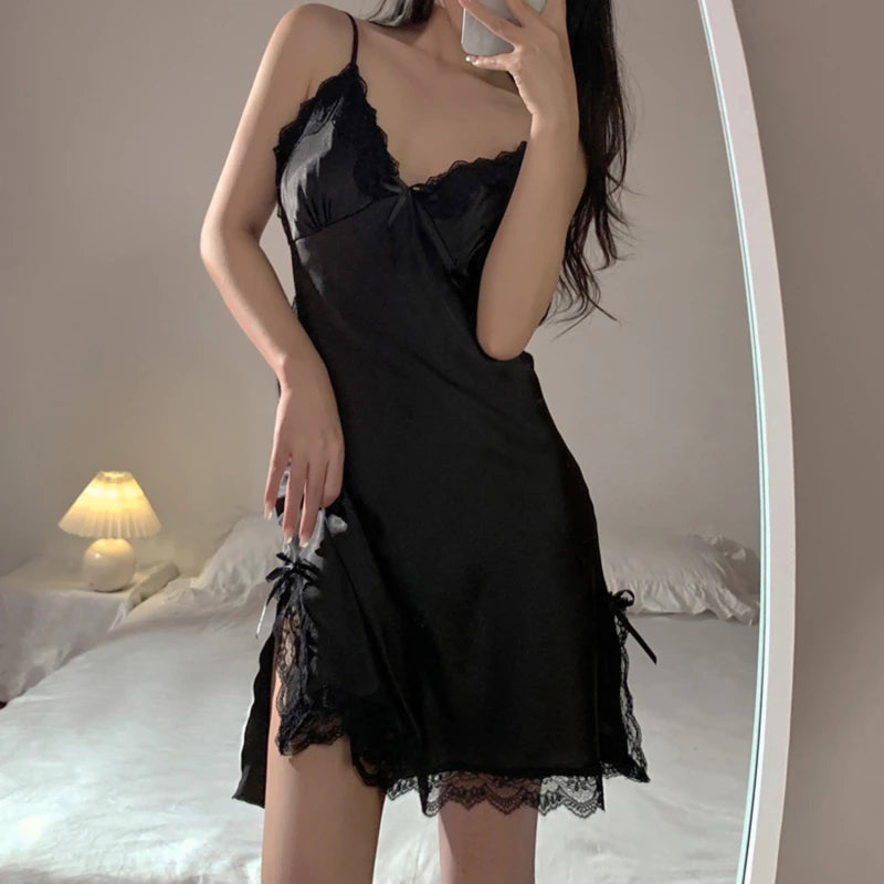 Lace V Neck Satin Lingerie Dresses
