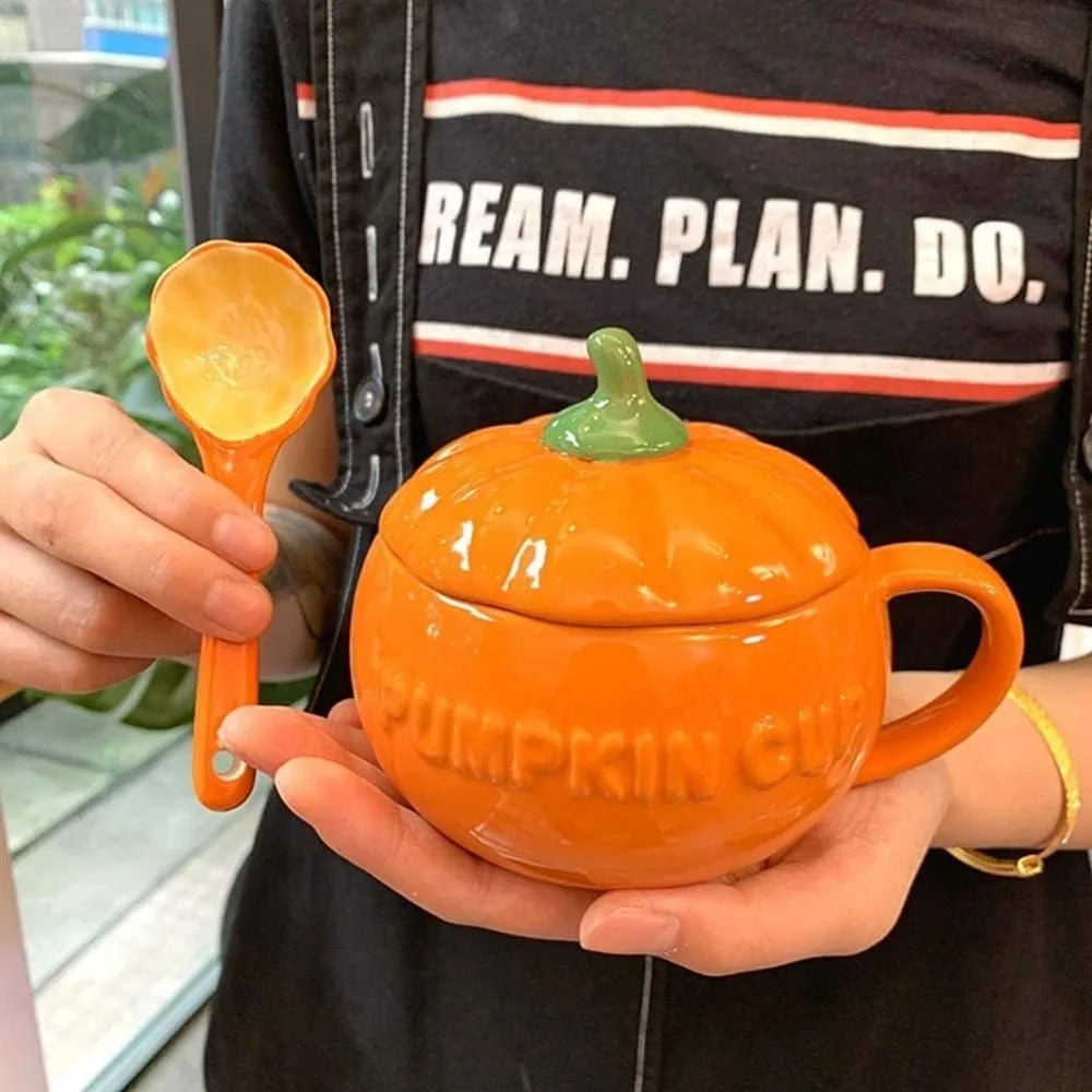 High Temperature Resistant Versatile Halloween Pumpkin Ceramic Coffee Cup/Bowl with Lid and Spoon