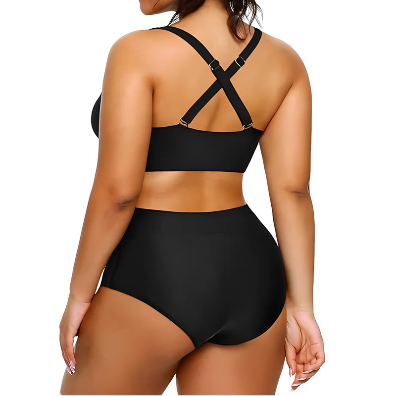 Plus Size Black High Waisted Tummy Control Two Piece Bikini Set