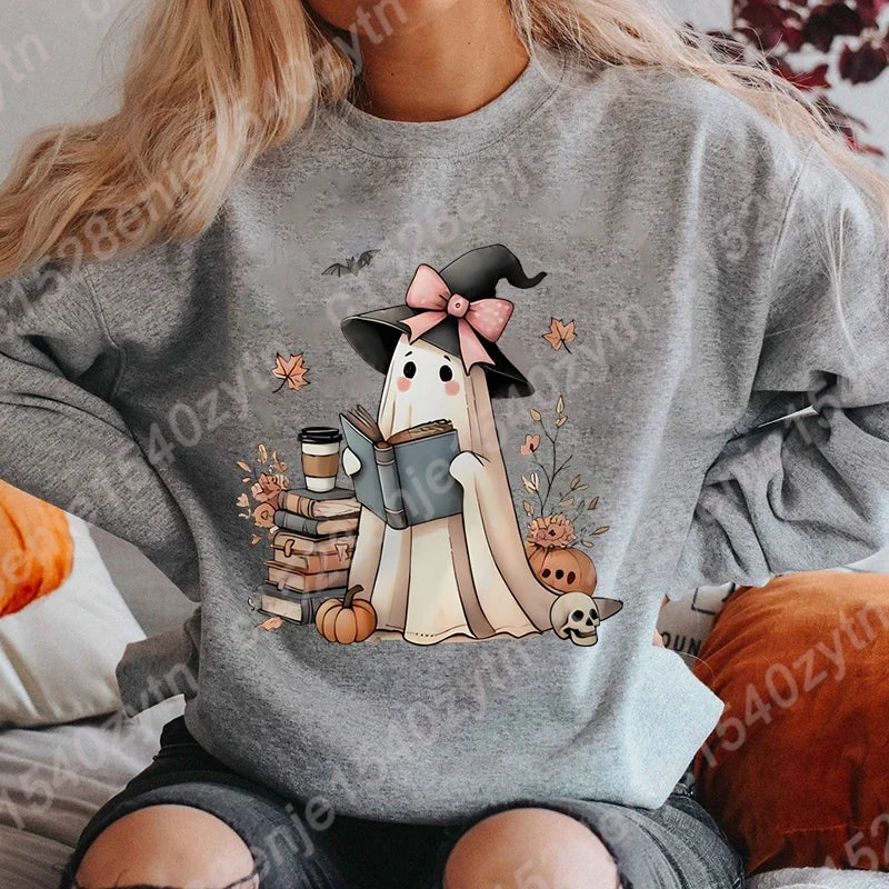 Halloween Ghost Oversized Crew Neck Sweatshirt with Book & Pumpkins