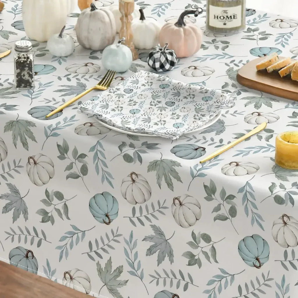 Thanksgiving/Autumn Harvest Blue Pumpkins and Leaves Waterproof Tablecloth