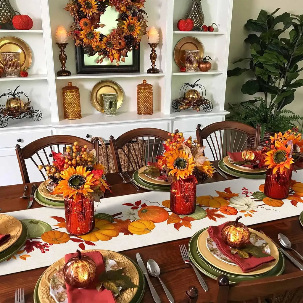 Linen Thanksgiving Pumpkins Maple Leaves Table Runner