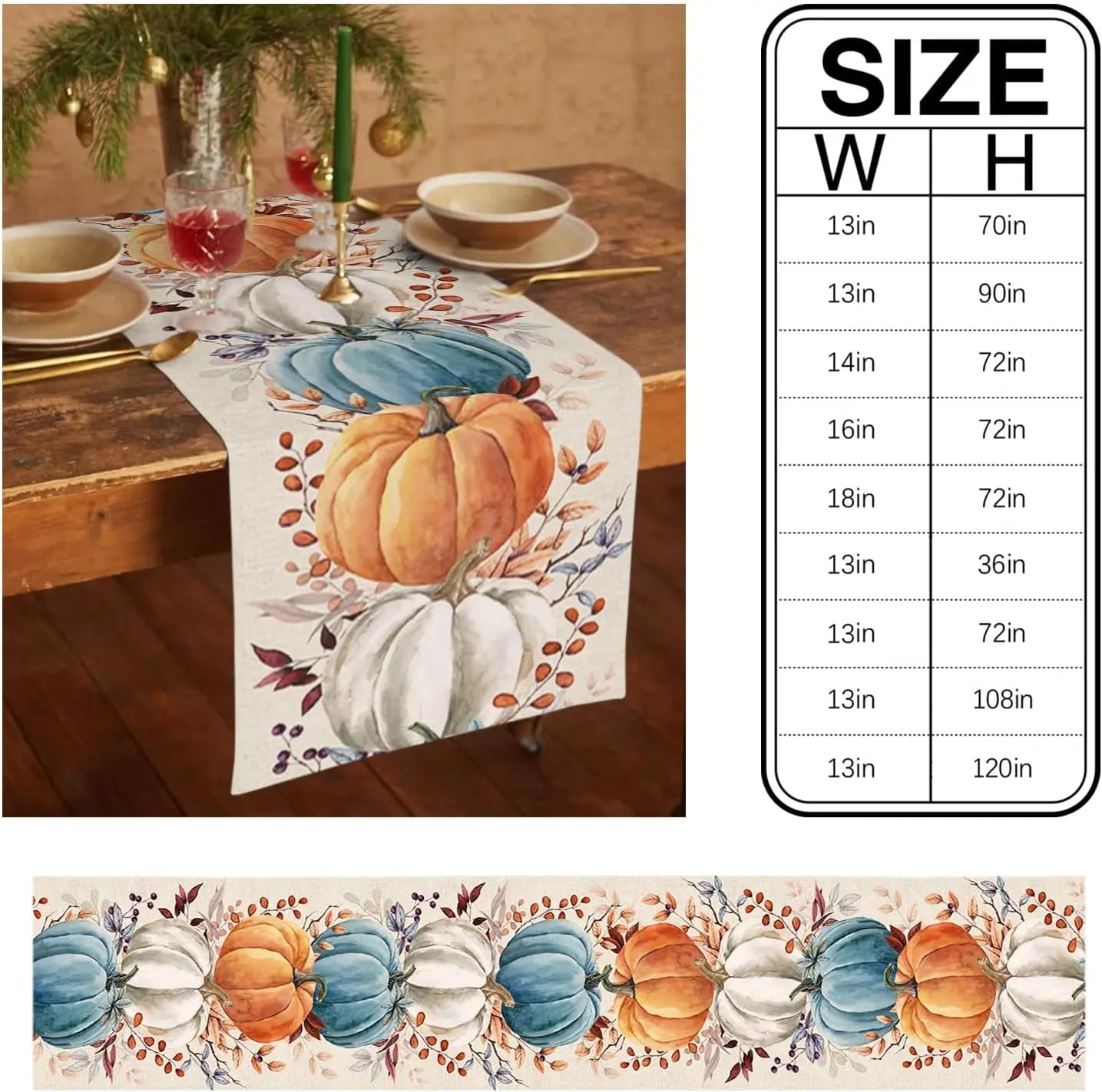Linen Table Runner Colorful Pumpkins with Eucalyptus Leaves