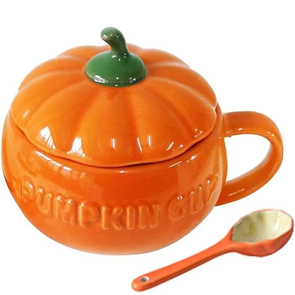 High Temperature Resistant Versatile Halloween Pumpkin Ceramic Coffee Cup/Bowl with Lid and Spoon