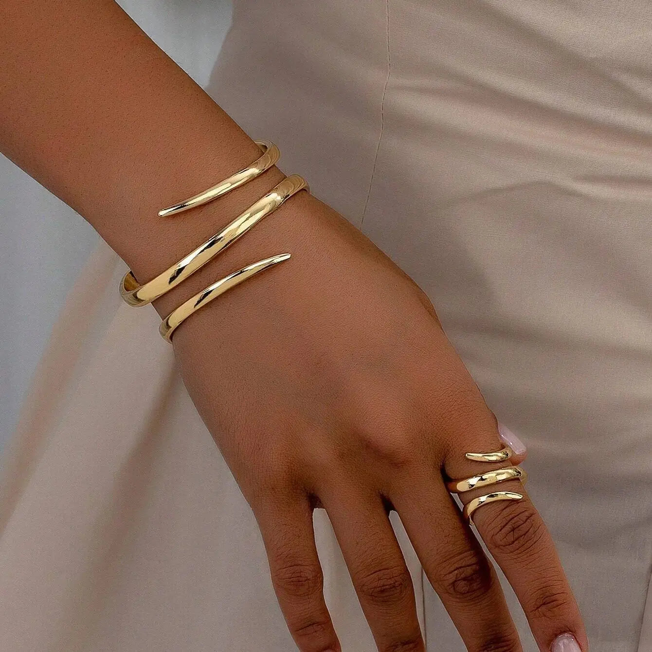 Thick Gold or Silver Bracelet and Ring Set