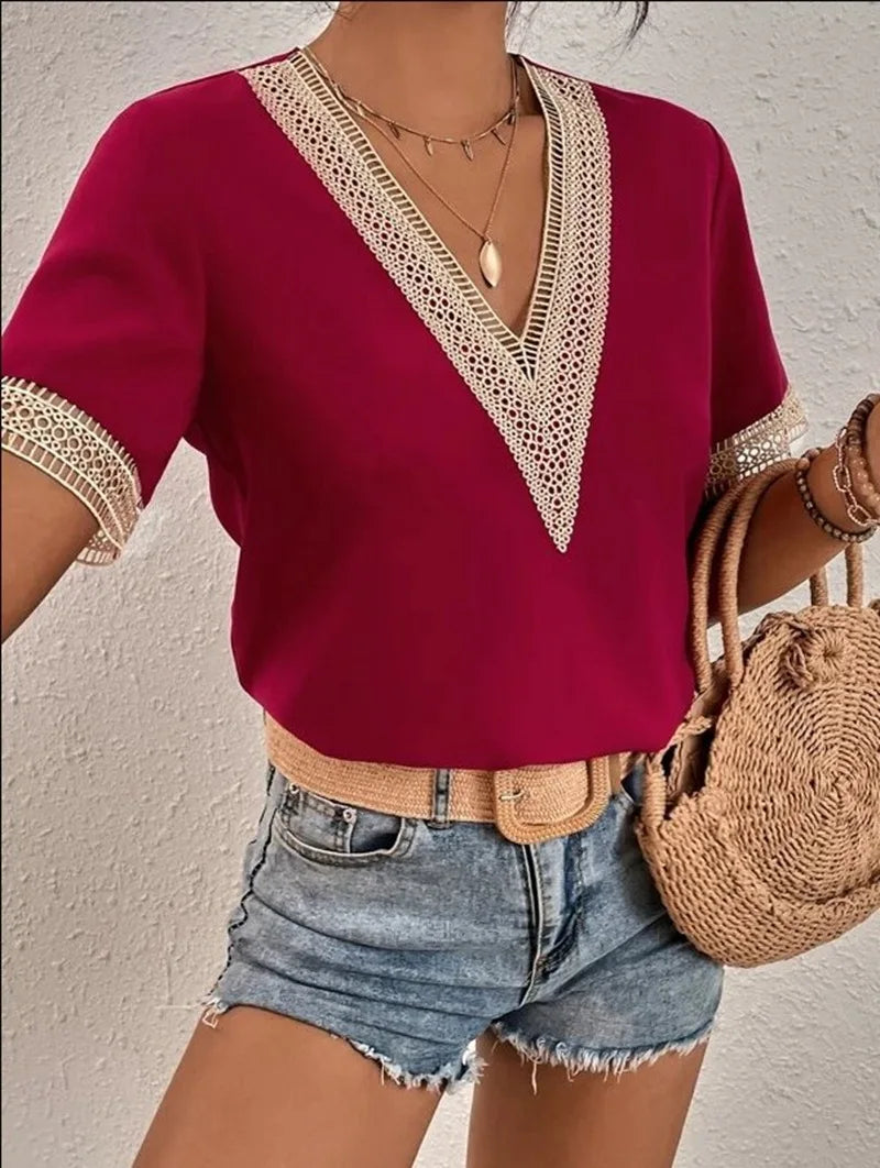 Elegant V-Neck Short Sleeve Blouse