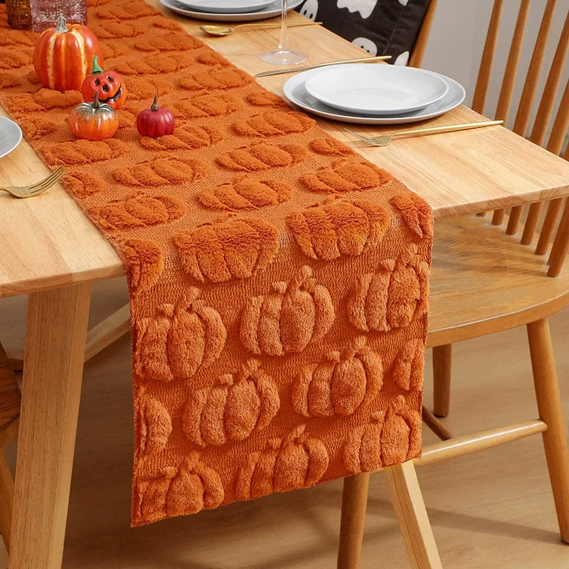 Soft Plush Faux Fur Jacquard Pumpkins Fall Table Runner