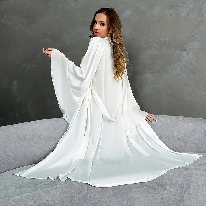 Lotus Leaf Sleeves Kimono White Satin Lingerie Gown-like Robe