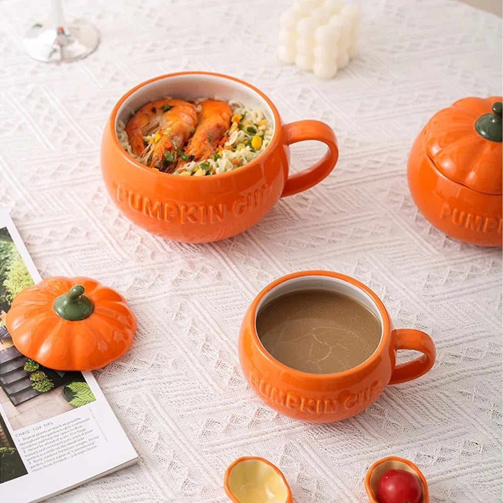 High Temperature Resistant Versatile Halloween Pumpkin Ceramic Coffee Cup/Bowl with Lid and Spoon