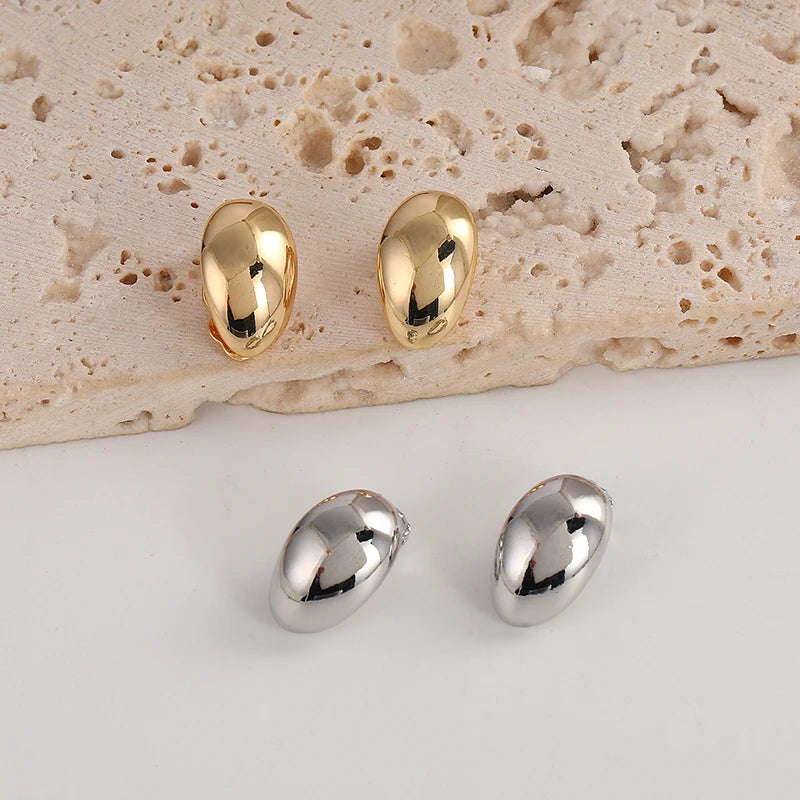 Golden Vintage Oval Glossy Metal Minimalist Clip on Earrings