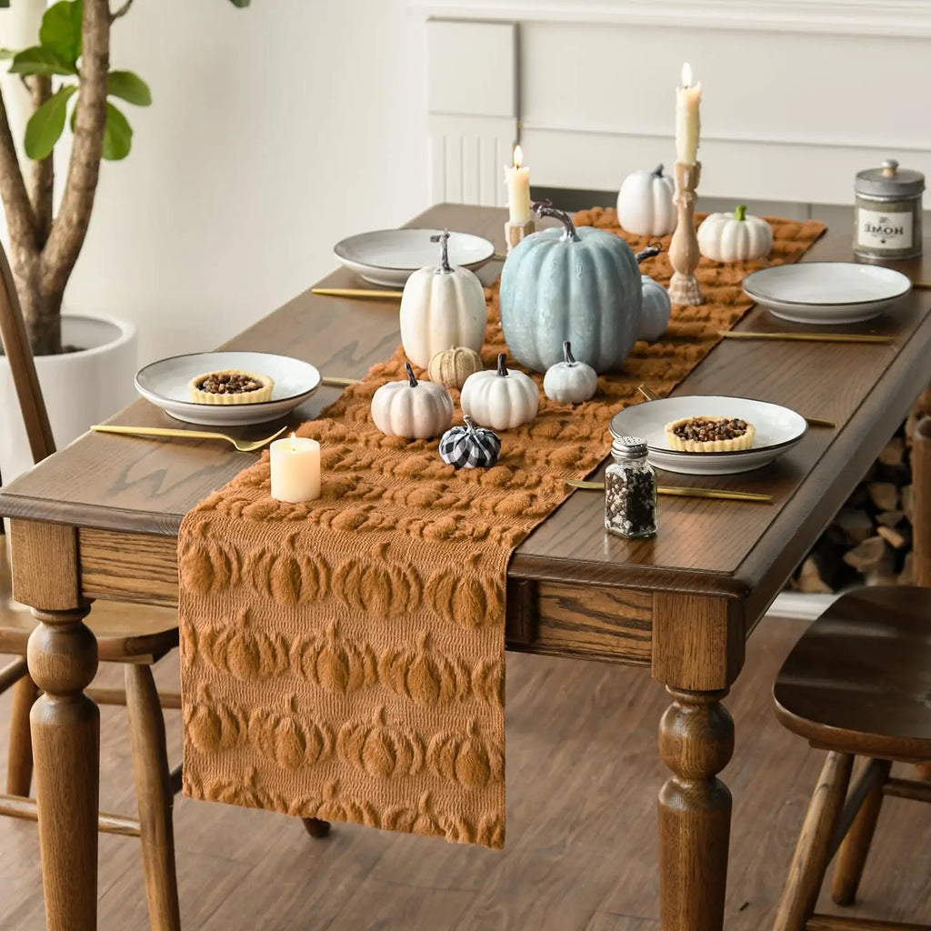 Soft Plush Faux Fur Jacquard Pumpkins Fall Table Runner