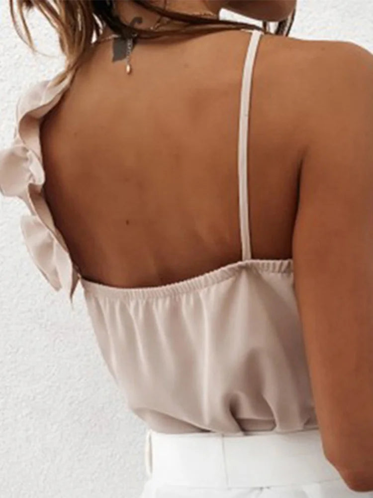 Sexy V Neck Ruffle Backless Spaghetti Strap Blouse