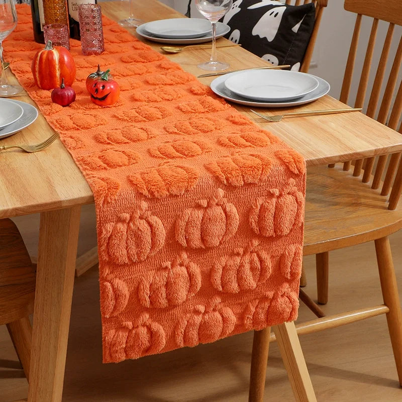 Soft Plush Faux Fur Jacquard Pumpkins Fall Table Runner