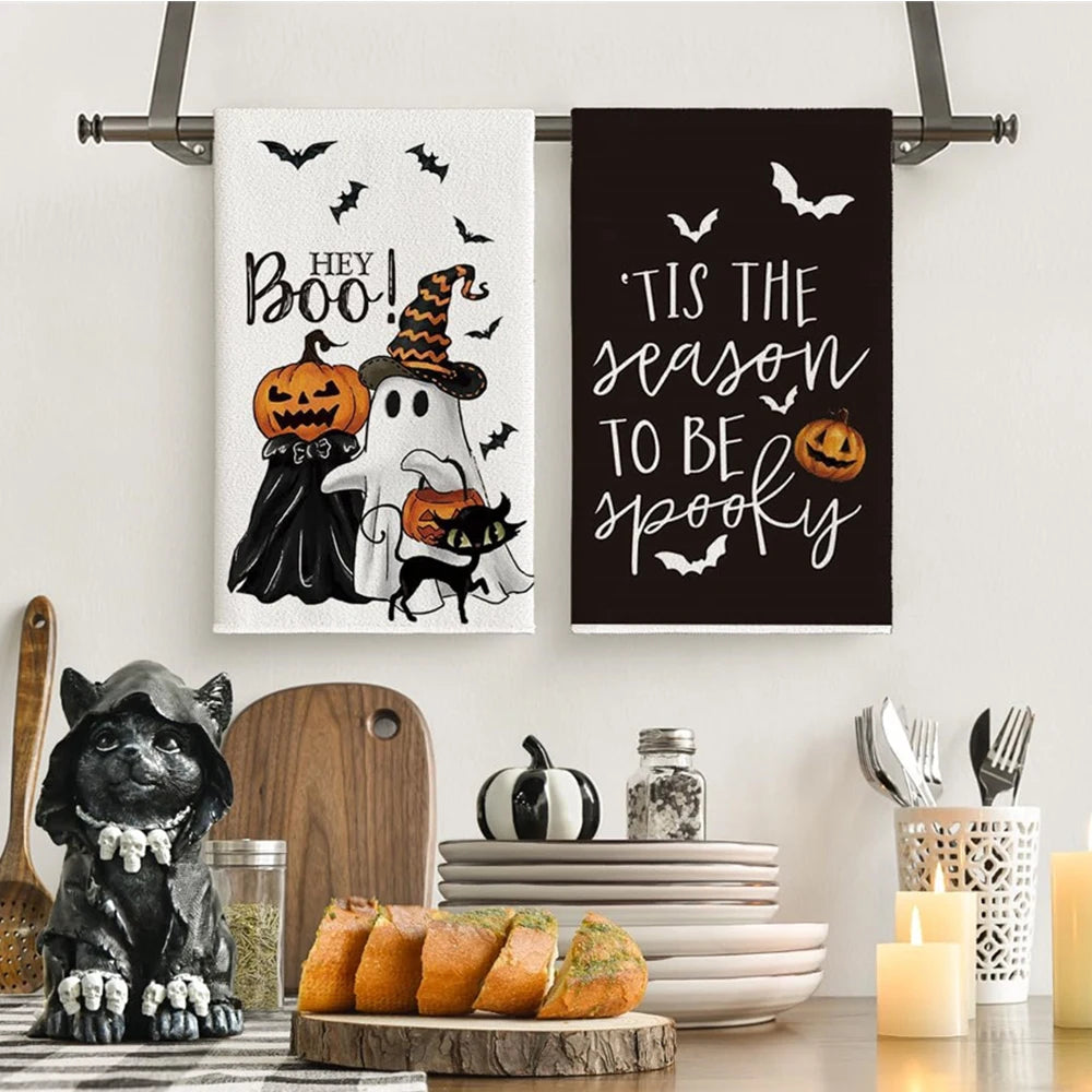 2 Piece Halloween Festival Ghost, Pumpkins, Bats, and Cat Kitchen Dish Towels