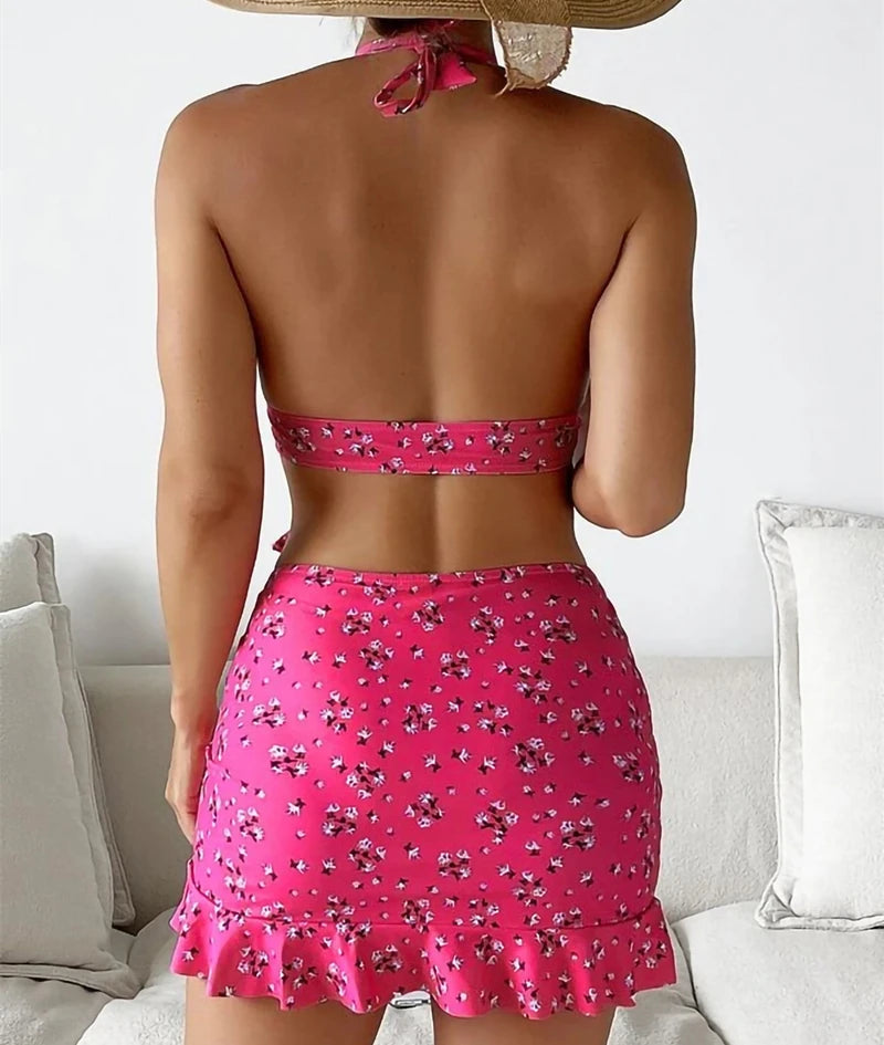 Low Cut Bikini Set with Ruffles Skirt (Three Pieces)