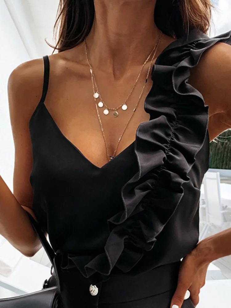 Sexy V Neck Ruffle Backless Spaghetti Strap Blouse