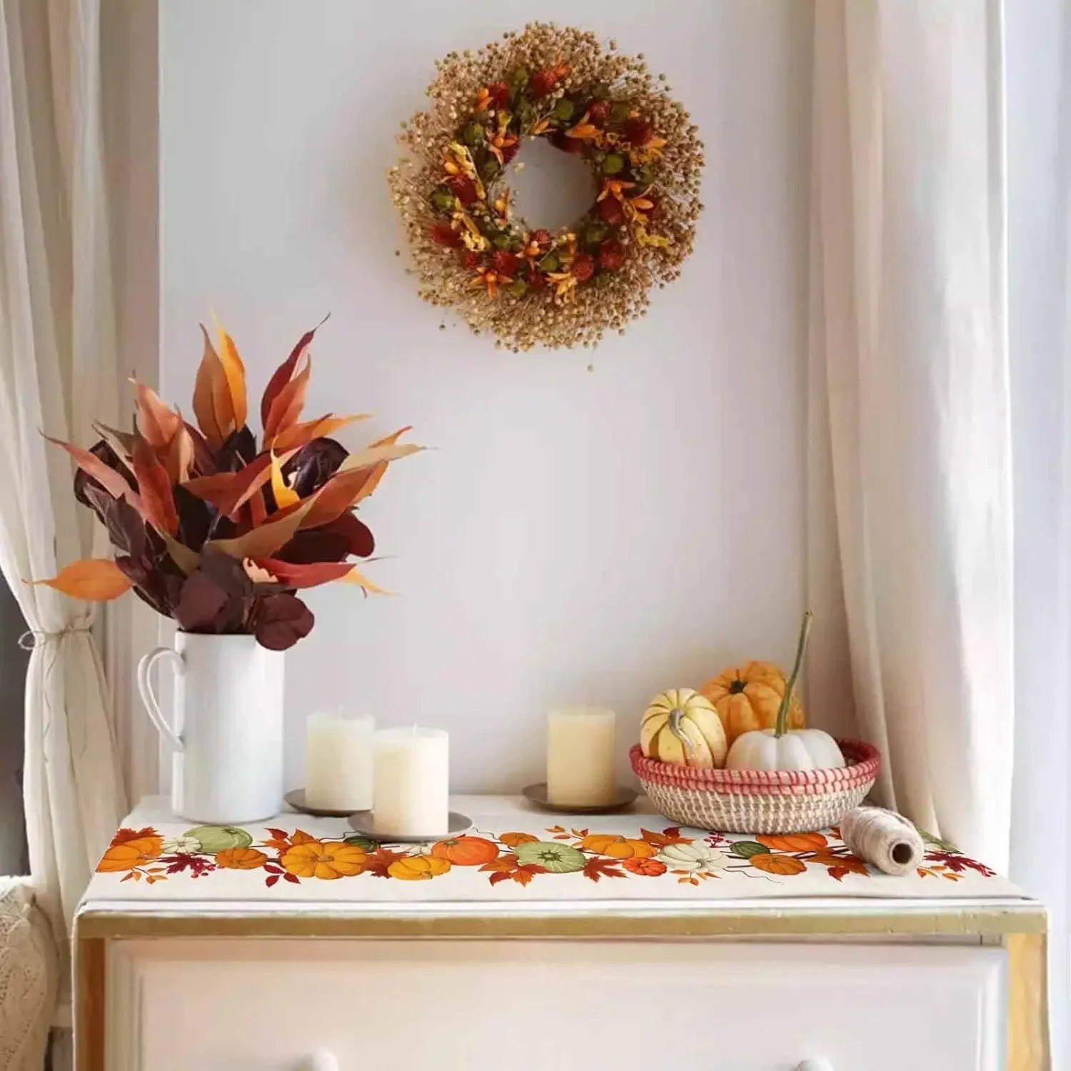Linen Thanksgiving Pumpkins Maple Leaves Table Runner