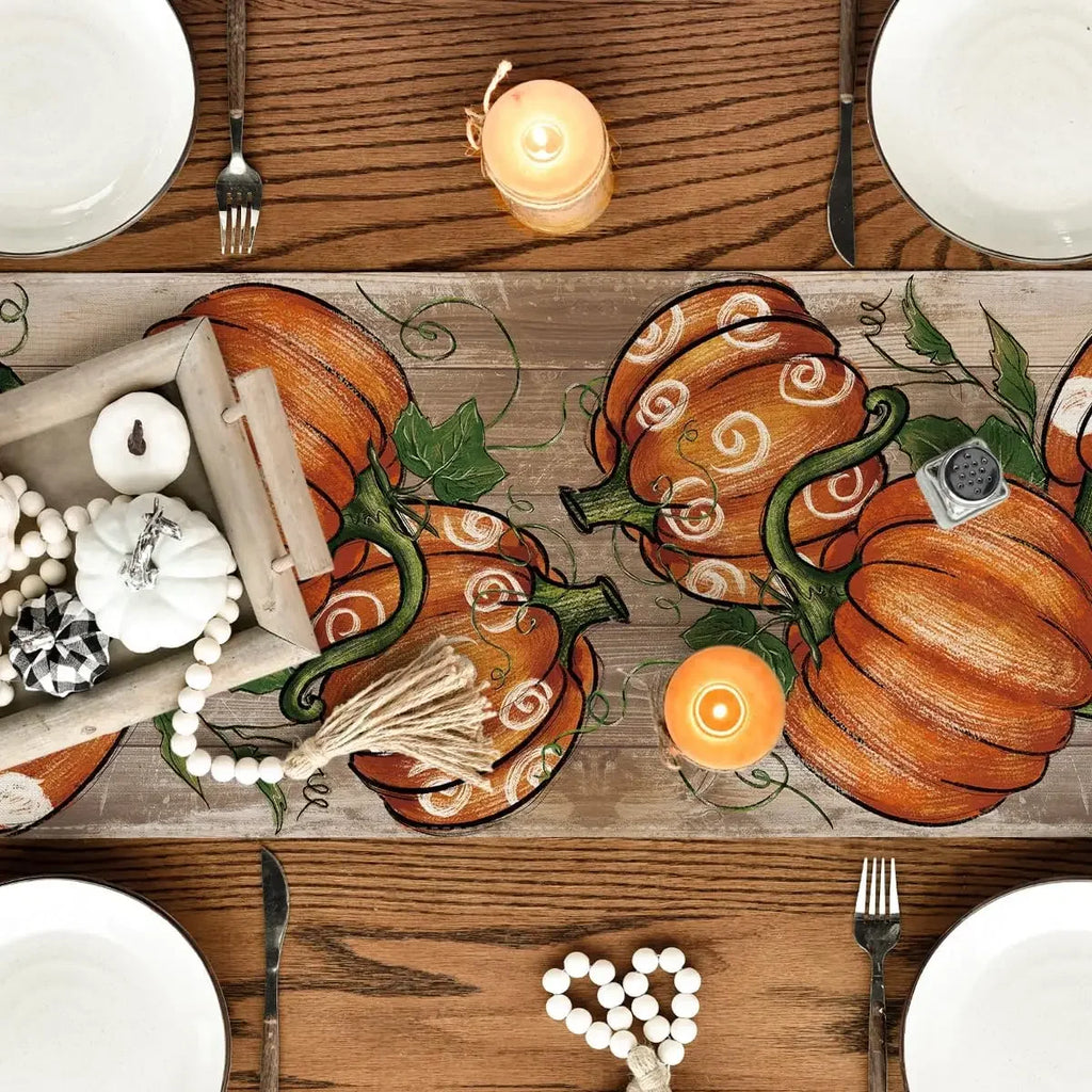 Linen Autumn Polka Dot Pumpkins Vine Table Runner