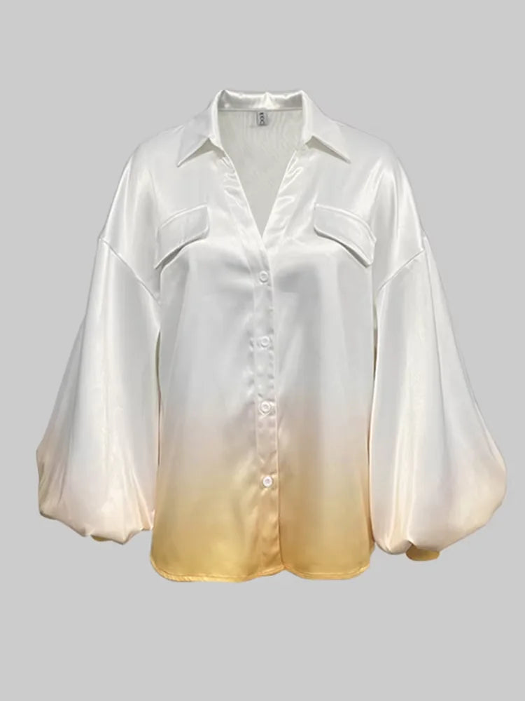 Beautyblue Lapel Blouse with Loose Puffy Sleeves