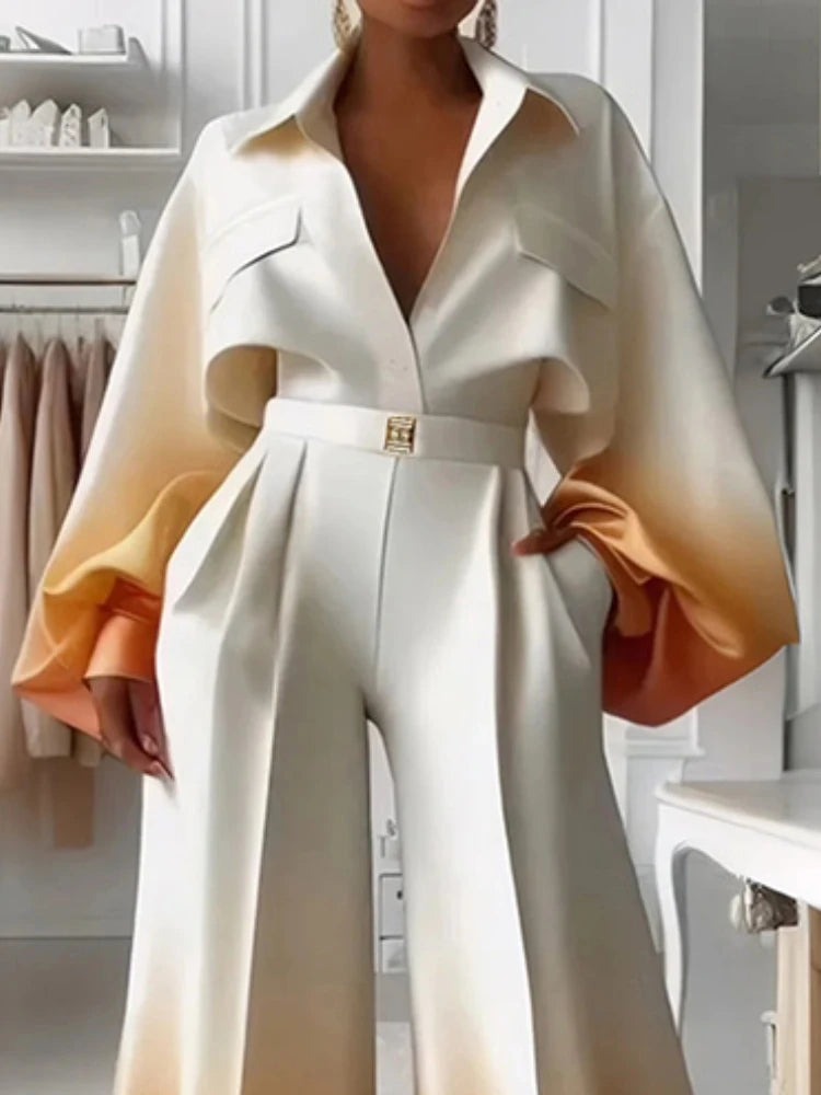 Beautyblue Lapel Blouse with Loose Puffy Sleeves