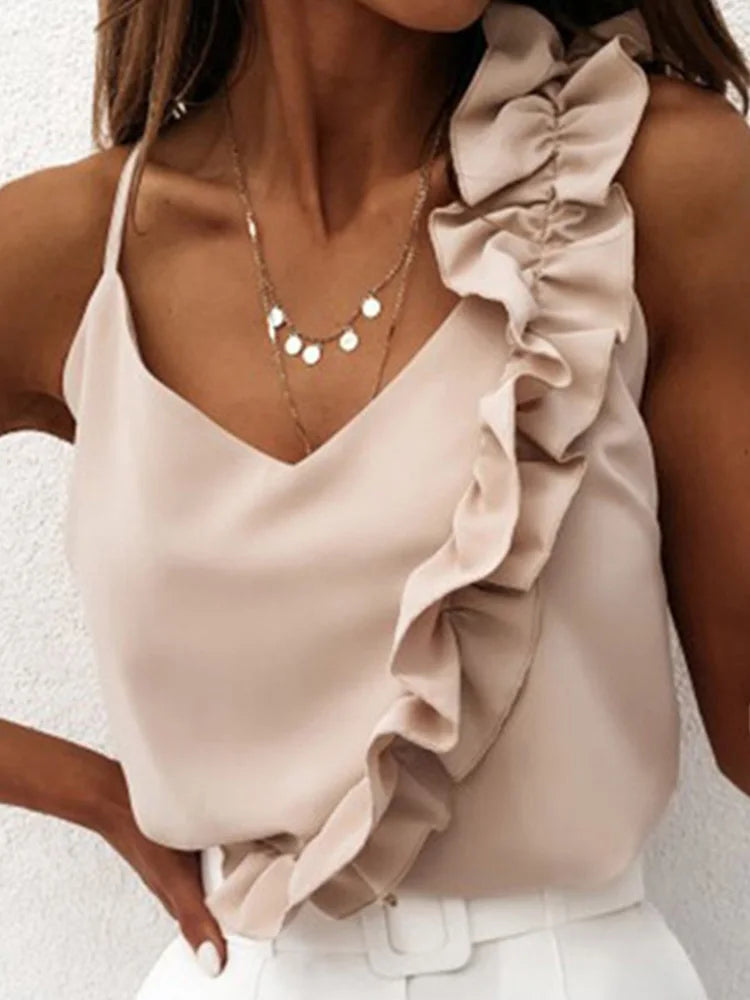 Sexy V Neck Ruffle Backless Spaghetti Strap Blouse