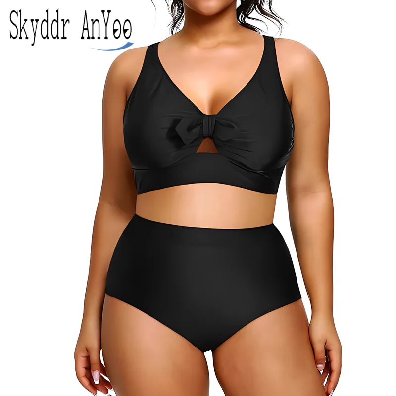 Plus Size Black High Waisted Tummy Control Two Piece Bikini Set
