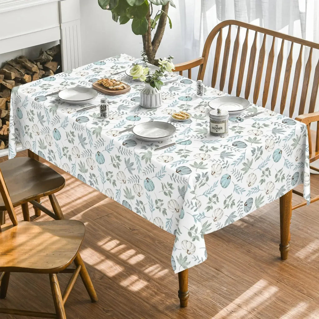Thanksgiving/Autumn Harvest Blue Pumpkins and Leaves Waterproof Tablecloth