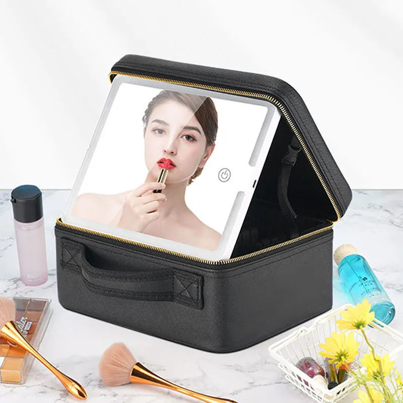 Large Capacity Smart LED Cosmetic Case With Mirror Travel Makeup Bag